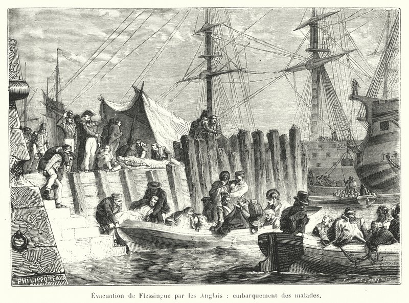 Évacuation de Flessingue par les Anglais, embarquement des malades - French School