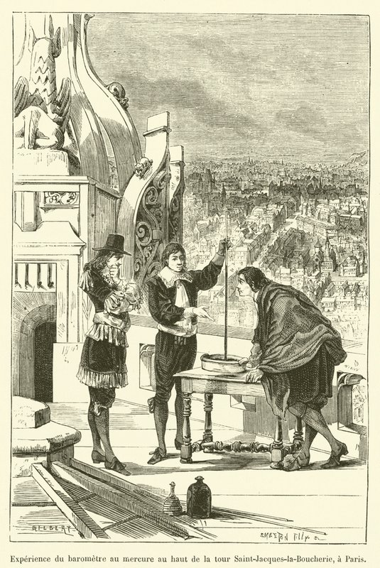 Expérience du baromètre au mercure au haut de la tour Saint-Jacques-la-Boucherie, à Paris - French School
