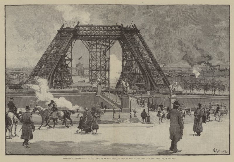 Exposition Universelle, Etat actuel de la tour Eiffel, vue prise du parc du Trocadero (engraving) - French School