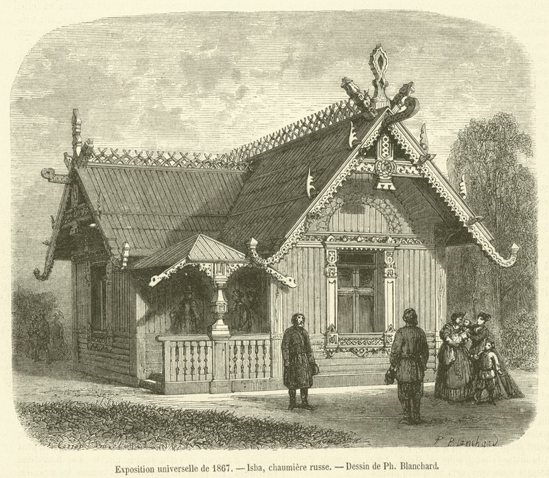 Exposition universelle de 1867, Isba, chaumière russe (gravure) - French School