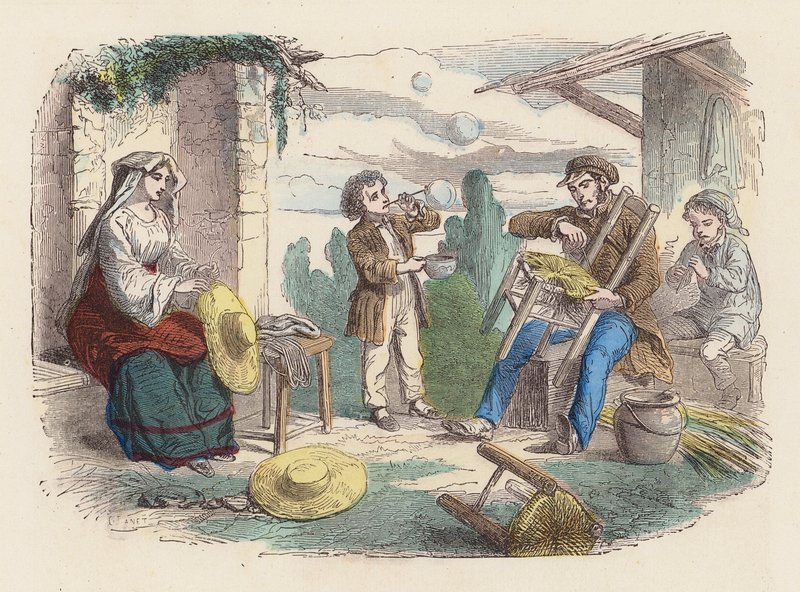 Famille travaillant avec de la paille - French School