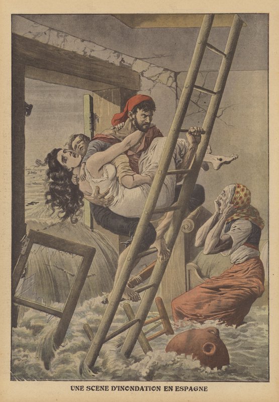 Inondations en Espagne (lithographie couleur) - French School
