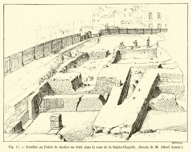 Fouilles au Palais de Justice en 1848, dans la cour de la Sainte-Chapelle, Dessin de M Albert Lenoir - French School