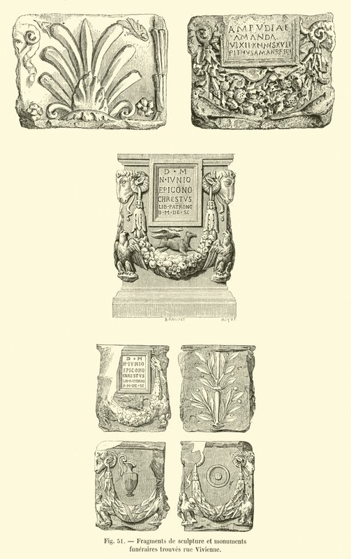 Fragments de sculpture et monuments funeraires trouves rue Vivienne (engraving) - French School