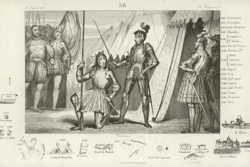 François Ier de France demandant à être fait chevalier par le Chevalier Bayard après la victoire à la bataille de Marignan, Italie, 1515 - French School