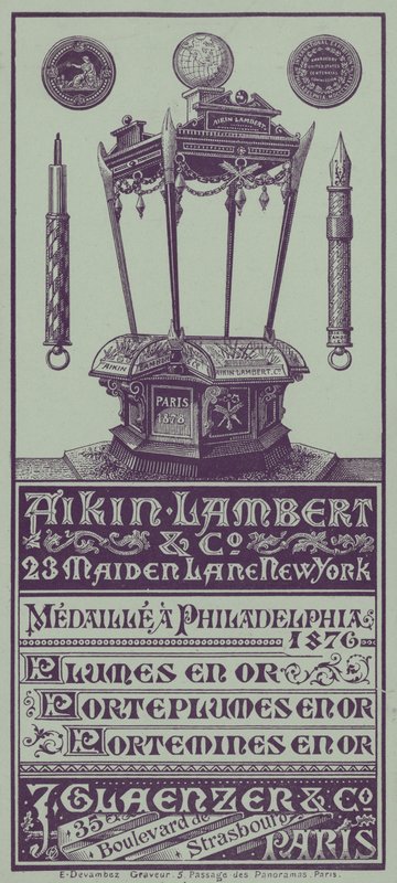 Carte de commerce française faisant la publicité des stylos, porte-stylos et crayons propulseurs Aikin Lambert - French School