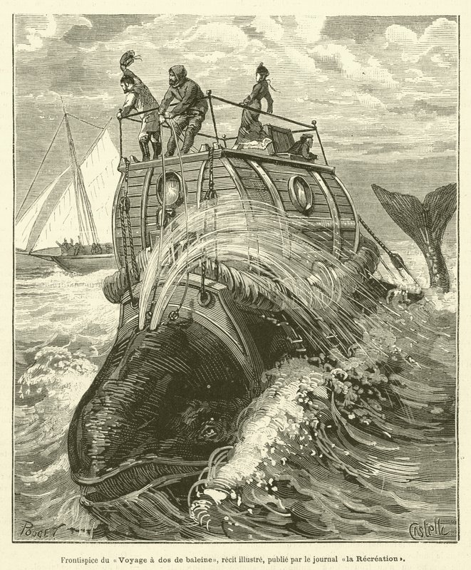 Frontispice du Voyage a dos de baleine, recit illustre, publie par le journal la Recreation - French School