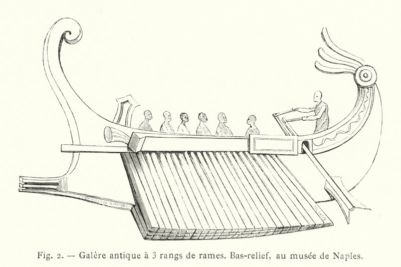 Galère antique à 3 rangs de rames, bas-relief, au musée de Naples - French School