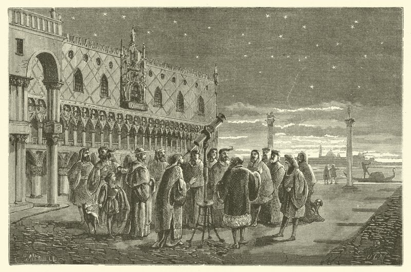 Galilée montre les satellites de Jupiter aux sénateurs de Venise (gravure) - French School