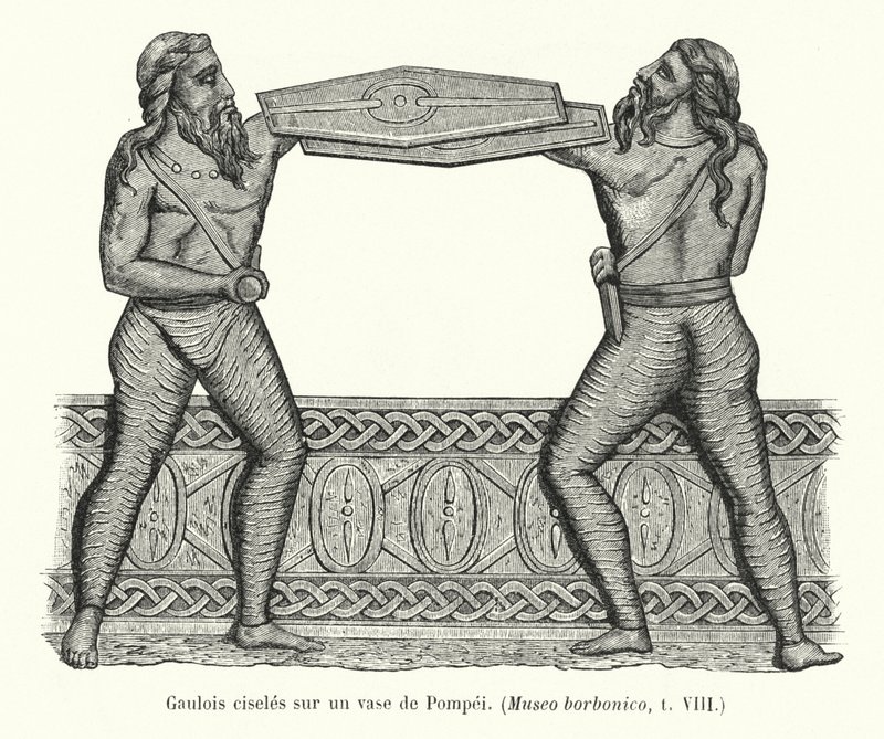 Gaulois ciselés sur un vase de Pompéi (gravure) - French School