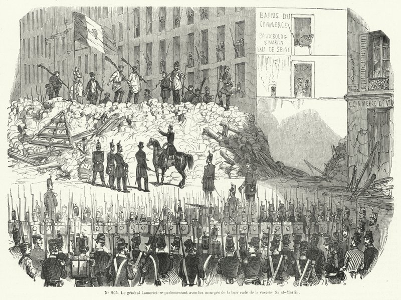 Le général Lamoricière négociant avec des ouvriers armés défendant leur barricade devant la caserne Saint-Martin, Paris, 23 juin 1848 - French School