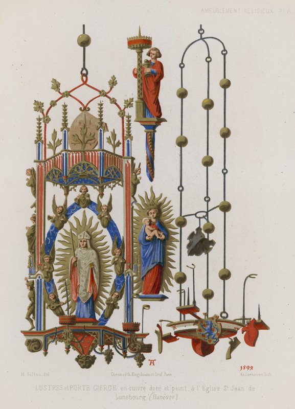 Chandelier et bougeoir en cuivre doré et peint - French School