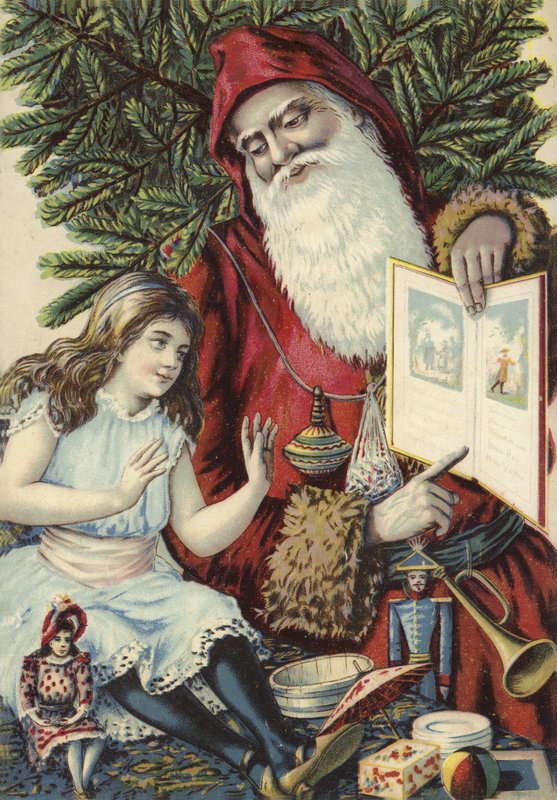 Fille montrant un livre illustré par le Père Noël - French School