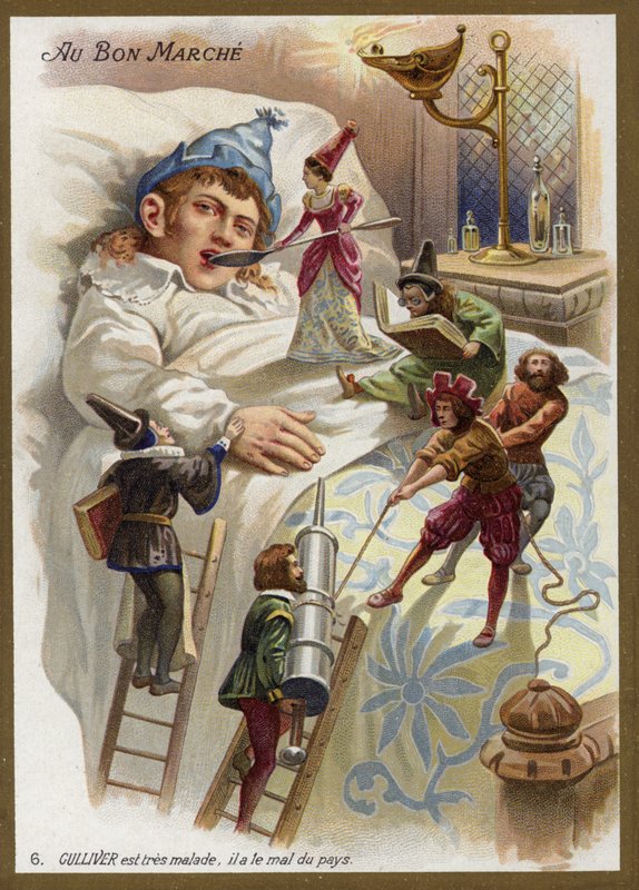Gulliver est très malade. Il souffre du mal du pays (chromolithographie) - French School