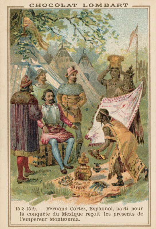 Hernán Cortés, conquistador espagnol, recevant des cadeaux de l