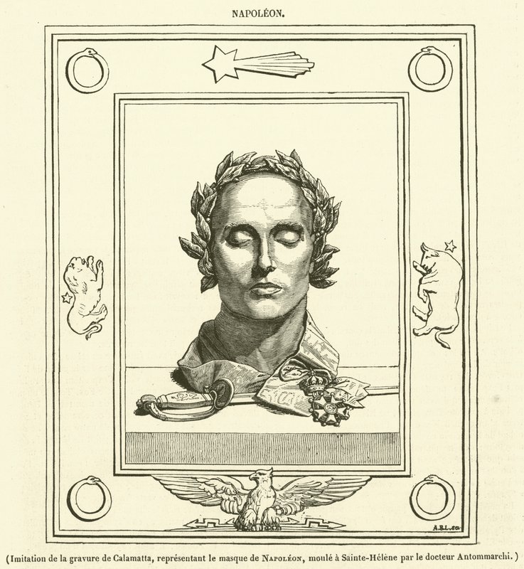 Imitation de la gravure de Calamatta, representant le masque de Napoleon, moule a Sainte-Helene par le docteur Antommarchi (engraving) - French School