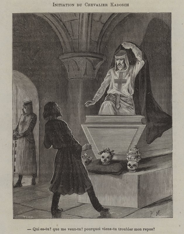 Gravure française du XIXᵉ siècle – réception du Chevalier Kadosh avec Templier surgissant du tombeau, Nos Colonnes