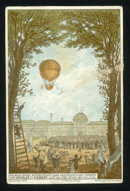Jacques Charles et Marie-Noel Robert faisant la première ascension en ballon à hydrogène, Paris, 1er décembre 1783 - French School