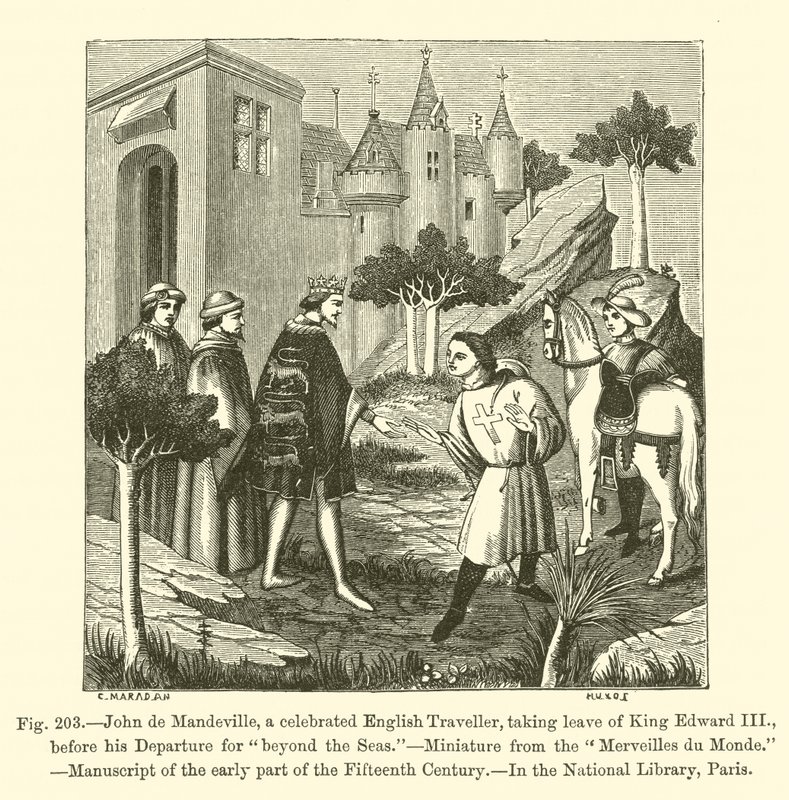 Jean de Mandeville, célèbre voyageur anglais, prenant congé du roi Édouard III avant son départ pour "au-delà des mers" - French School