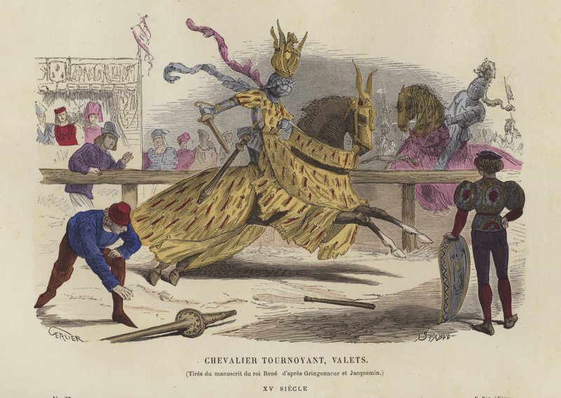 Chevalier en joute et valets, 15ème siècle - French School