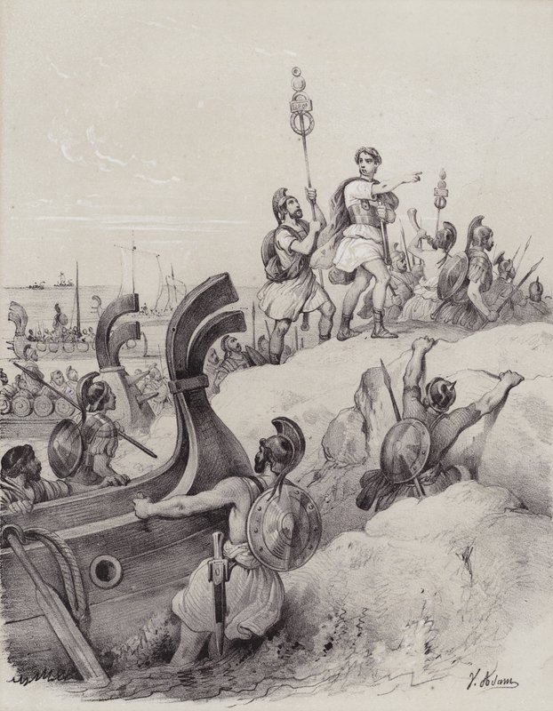 Jules César et les Romains débarquant dans le Kent lors de leur première invasion de la Grande-Bretagne, 55 av. J.-C. - French School