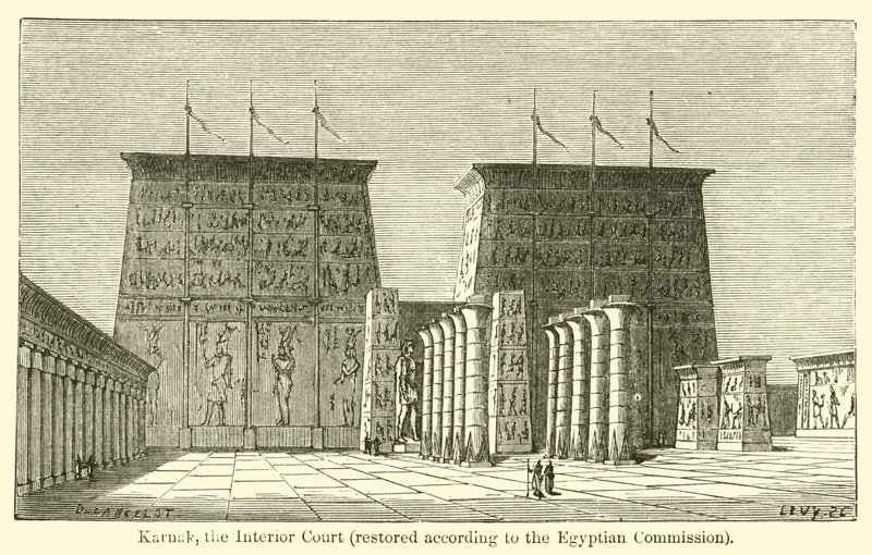 Karnak, la cour intérieure, restaurée selon la Commission égyptienne - French School