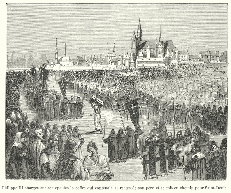 Le roi Philippe III de France portant les os de son père, Louis IX, à son enterrement dans la basilique de Saint-Denis, Paris - French School