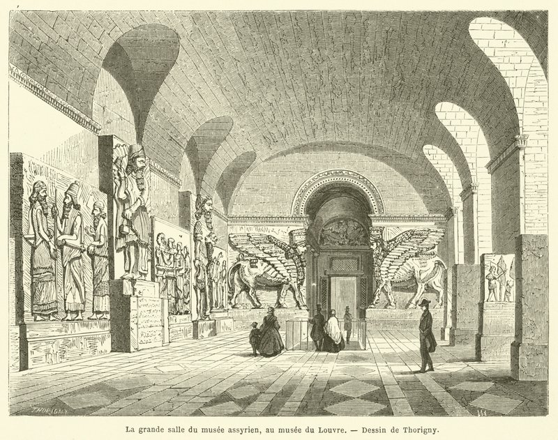 La grande salle du musée assyrien, au musée du Louvre - French School