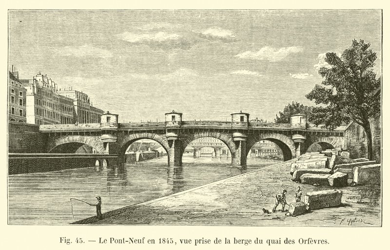 Le Pont-Neuf en 1845, vue prise de la berge du quai des Orfèvres - French School