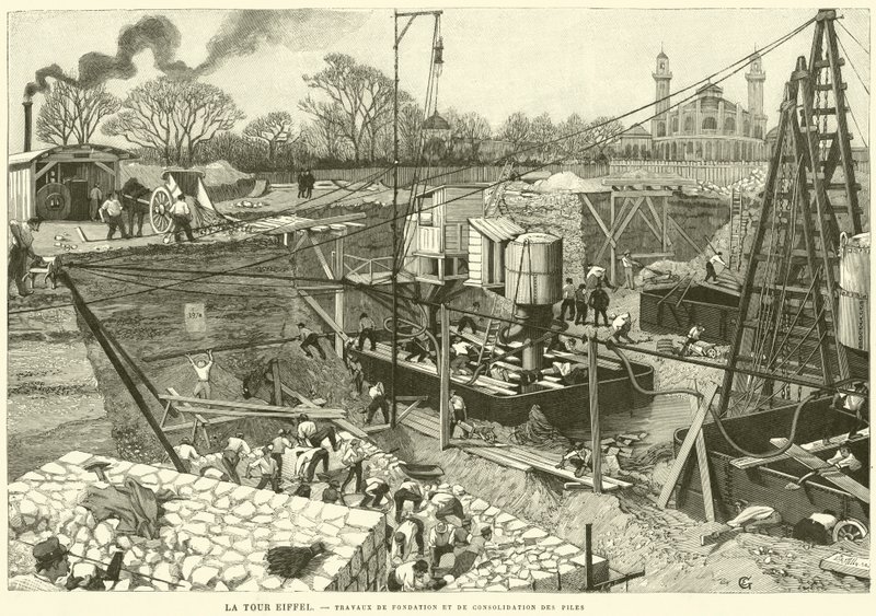 Le Tour Eiffel, Travaux de Fondation et de Consolidation des Piles - French School