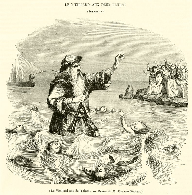 Le Vieillard aux deux flutes (engraving) - French School