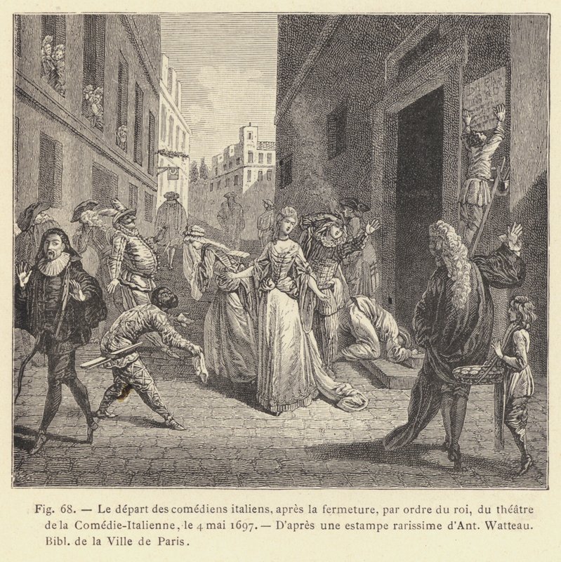Le départ des comédiens italiens, après la fermeture, par ordre du roi, du théâtre de la Comédie-Italienne, le 4 mai 1697 - French School