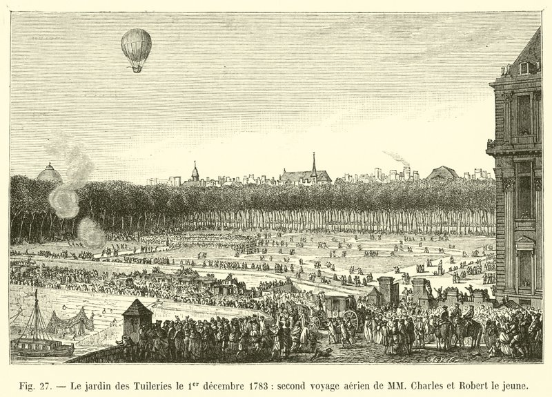 Le jardin des Tuileries le 1er décembre 1783, second voyage aérien de MM Charles et Robert le jeune - French School