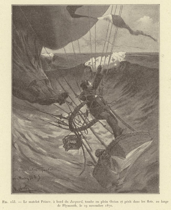 Le matelot Prince, à bord du Jacquard, tombe en plein Océan et périt dans les flots, au large de Plymouth, le 29 novembre 1870 - French School