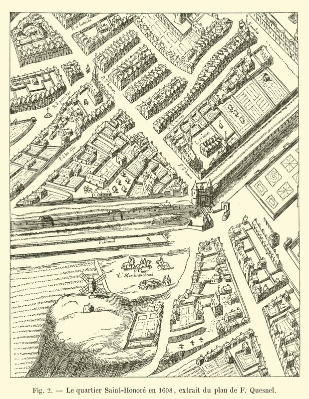 Le quartier Saint-Honoré en 1608, extrait du plan de F. Quesnel - French School