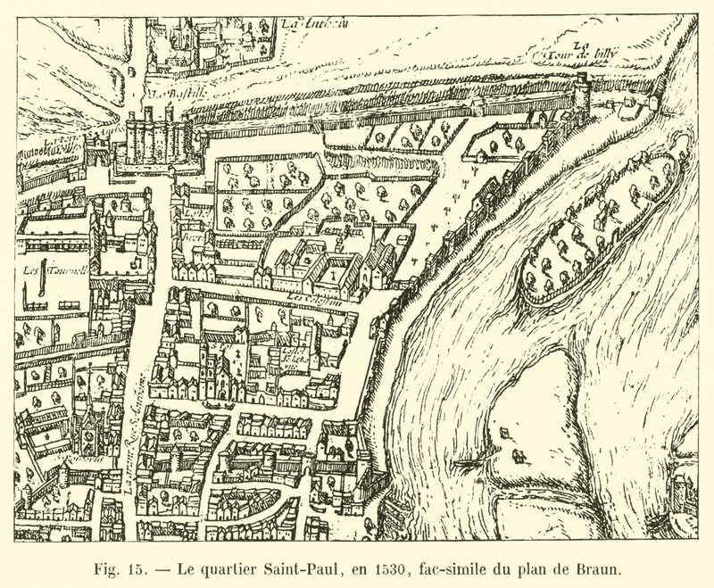 Le quartier Saint-Paul, en 1530, fac-similé du plan de Braun - French School