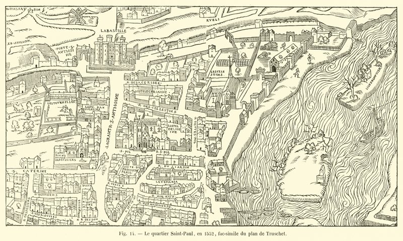 Le quartier Saint-Paul, en 1552, fac-similé du plan de Truschet - French School