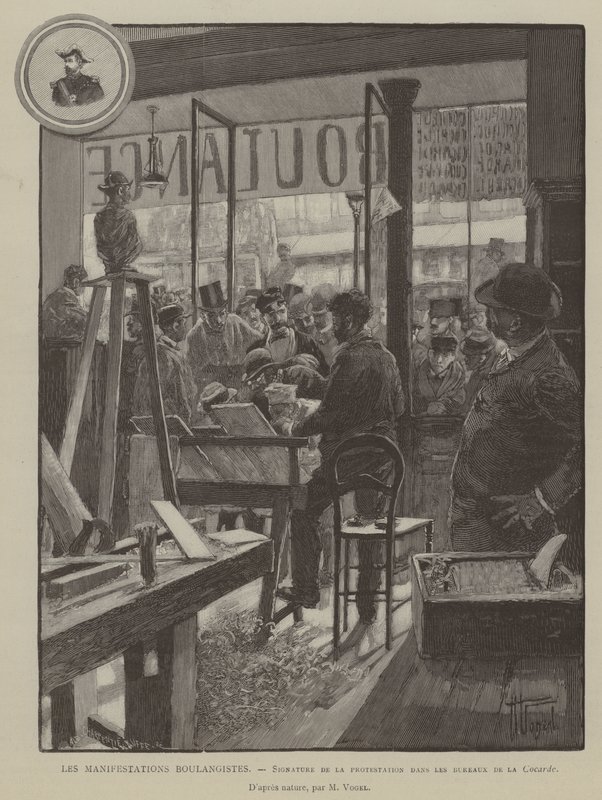 Les Manifestations Boulangistes, Signature de la protestation dans les bureaux de la Cocarde (engraving) - French School