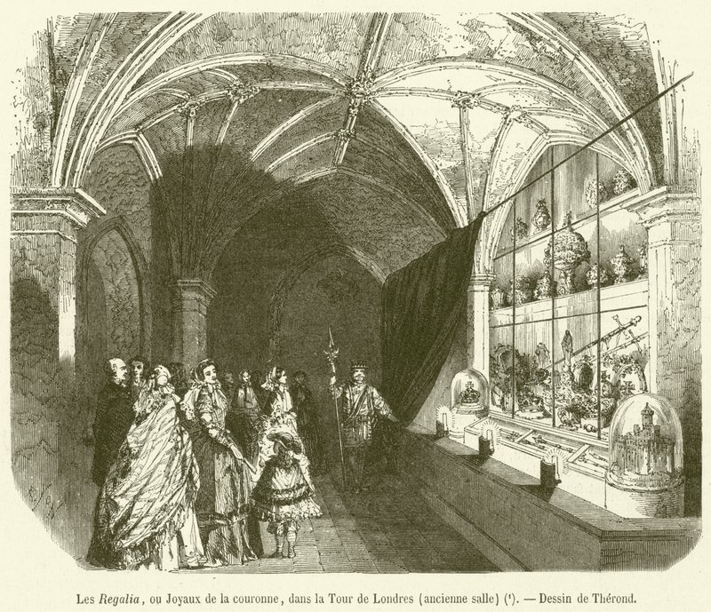 Les Regalia, ou Joyaux de la couronne, dans la Tour de Londres, ancienne salle - French School
