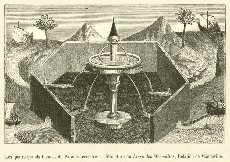 Les quatre grands Fleuves du Paradis terrestre, Miniature du Livre des Merveilles, Relation de Mandeville - French School