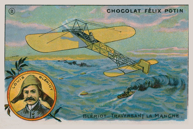 Louis Blériot réalisant le premier vol à travers la Manche dans un avion plus lourd que l