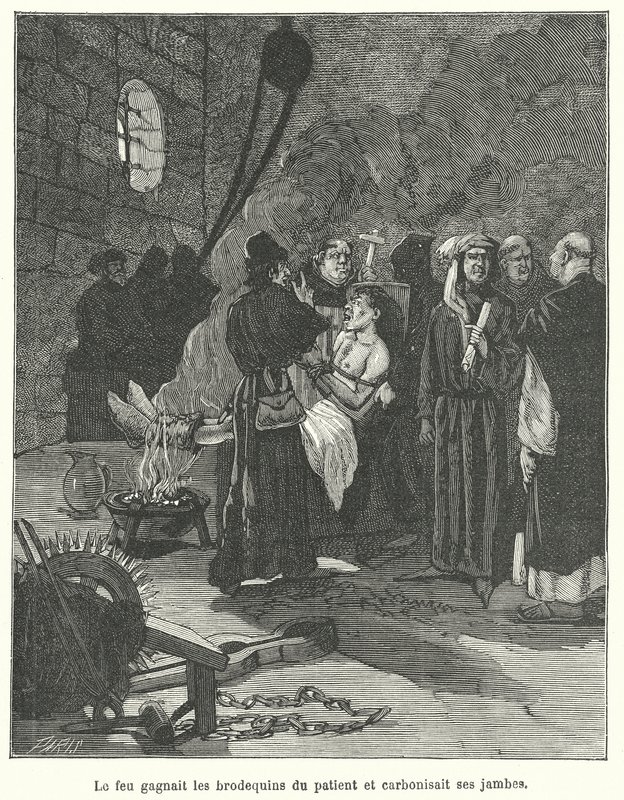 Homme torturé avec des brodequins et du feu (gravure) - French School