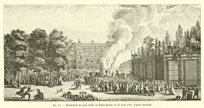 Mannequin du pape brûlé au Palais-Royal, le 16 avril 1791, d