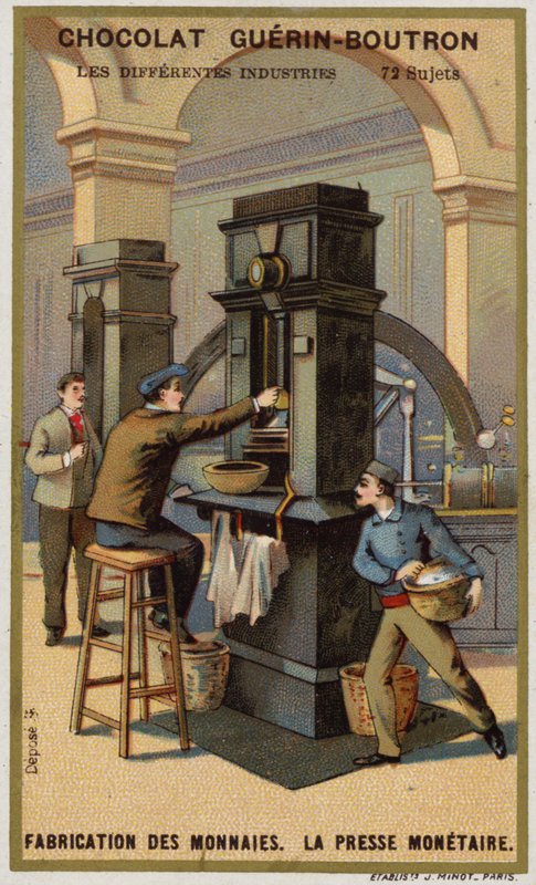 Fabrication de pièces de monnaie. Presse à monnaie - French School