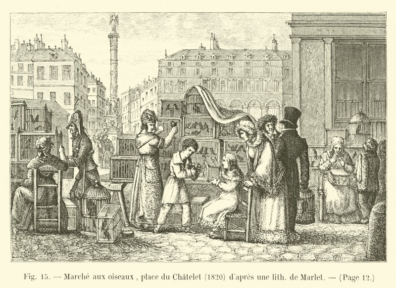 Marché aux oiseaux, place du Châtelet, 1820, d