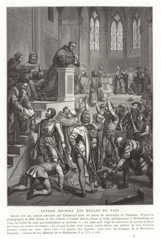 Martin Luther déchirant les bulles papales, Wittenberg, Allemagne, 1520 - French School
