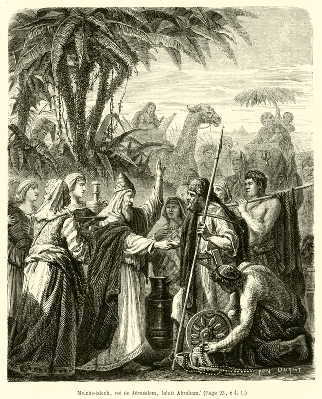 Melchisédech, roi de Jérusalem, bénit Abraham (gravure) - French School