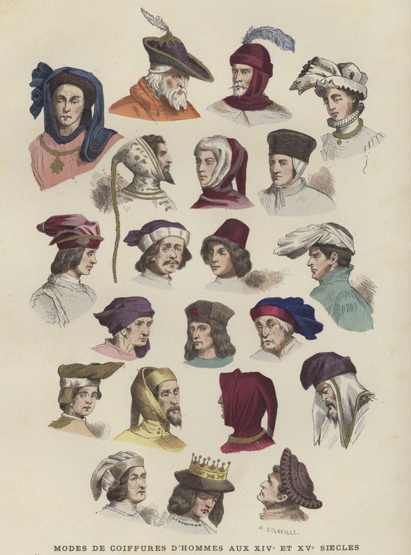 Chapeaux et coiffes pour hommes, 14ème et 15ème siècles - French School