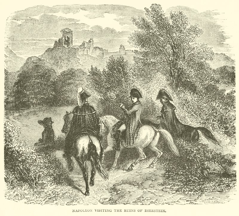Napoléon visitant les ruines de Dierstein (gravure) - French School