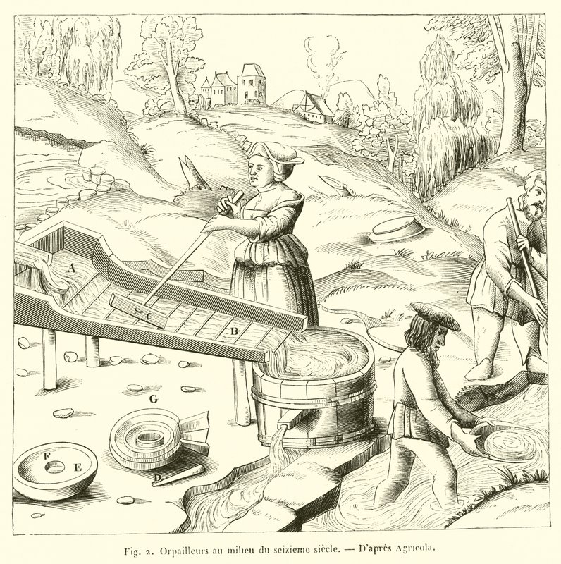 Orpailleurs au milieu du seizieme siecle (engraving) - French School